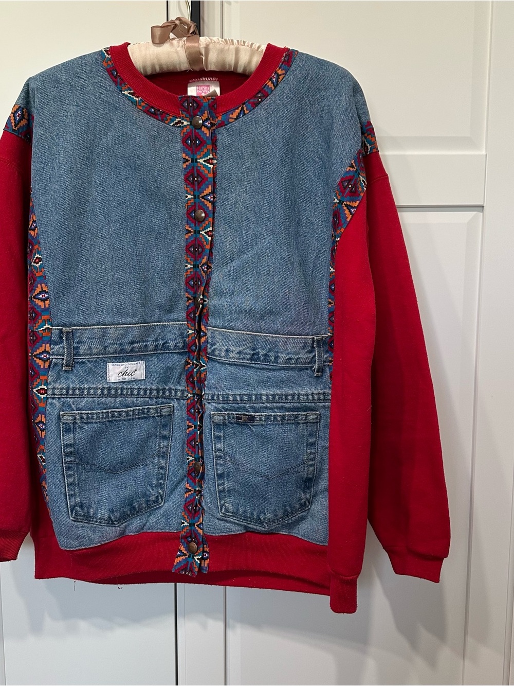 VTG shacket,mixed materials,Aztec,denim,fits large best,upcycled